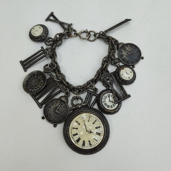 ART Arthur Pepper 13 Timepiece Clock Charm Bracelet Silver Tone Chunky 7.5" VTG - Picture 1 of 15